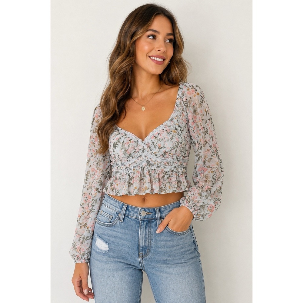 GUESS Women's Large Floral Smocked Ruffle Crop Blouse Long Sleeve Cottagecore